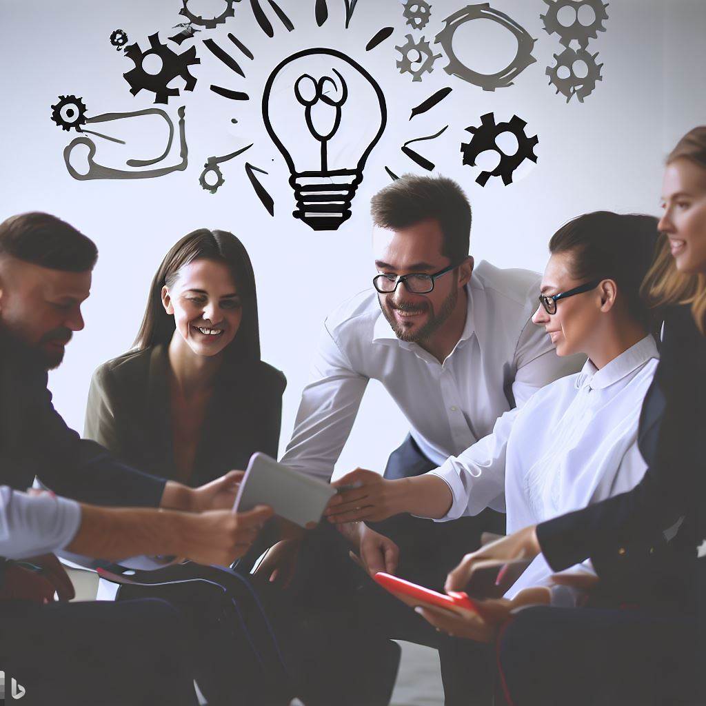 this image shows 5 individuals standing in a semi circle around a table. Image is taken from front and shows the people partially. The top half of the image, which is above all their heads, shows large sketches of a light bulb, screws, hinges and puzzle pieces. The image is trying to depict brainstorming. Description of people from left to right - side angle of a partly visible man holding a book & showing it to the girl on his left; a girl in dark top and middle parted long straight hair is smiling widely looking downwards at the book; a man wearing reading glasses and white shirt is also smiling looking at the book, he is half crouching and sporting facial hair; a smiling girl in dark glasses and white shirt is reaching out her hand to the book, her left profile is partially visible.