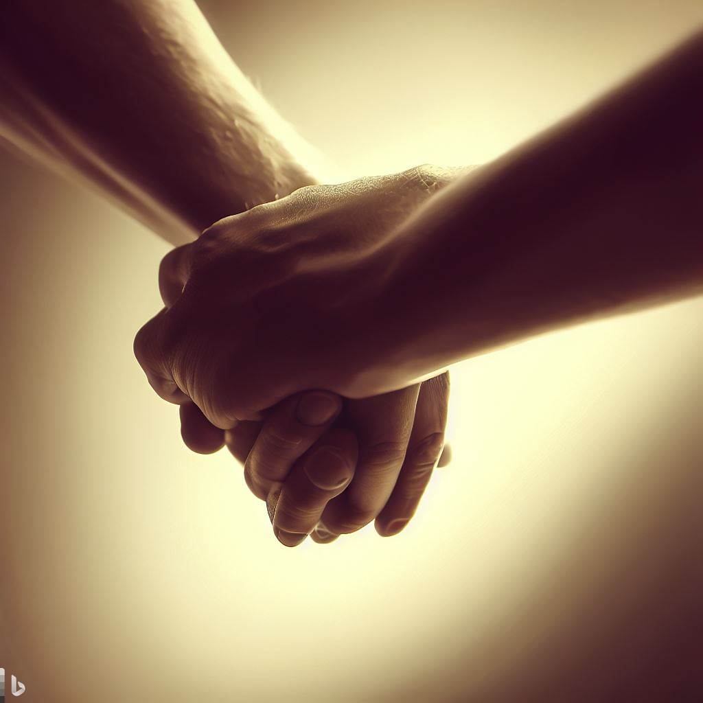 the image shows a close up of 2 hands. They seem to be of 2 different people standing about a feet apart.For stereotypical reasons, one hand seems to be of a man and the other of a woman.