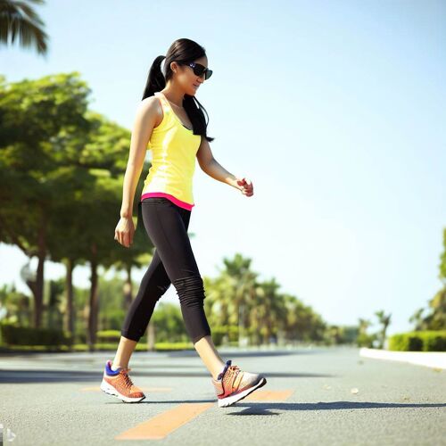 Picture is of a young woman walking toward right of the frame. Image is from her right side at an angle. She is midstride and looking downwards. She has long straight black hair worn in a high ponytail. Looking athletic in her Yellow halter top, black calf length slacks & colourful sport shoes. She is wearing big dark glasses. She is walking on the street, with a blurred background of trees in the distance, parallel to the road. 