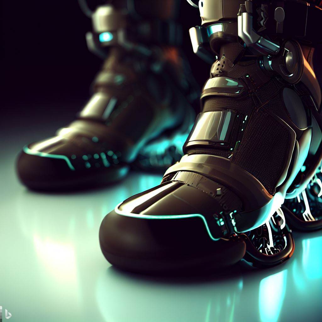 the image shows a pair or dark shoes in dark background, taken diagonally from left of the pair. Shoes from ground level, the pair has metallic parts & straps, giving it a robotic look.