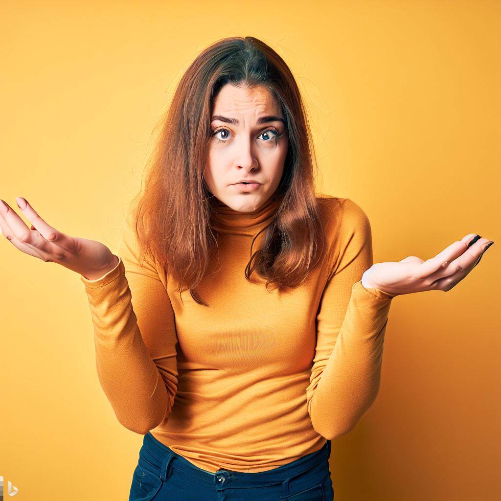 the image shows front profile of a young woman who is looking straight at the camera. Her torso is visible, unto the belt of her blue pants. She is standing against a yellow backgrounded shrugging with her hands bent at the elbow and palms facing up at shoulder level and close to it. She is wearing a question expression on her face and a yellow high neck, full sleeved top on her torso. Her hair are straight, brown and fall under her shoulder with middle parting. Her eyes seem to be going in operate directions.