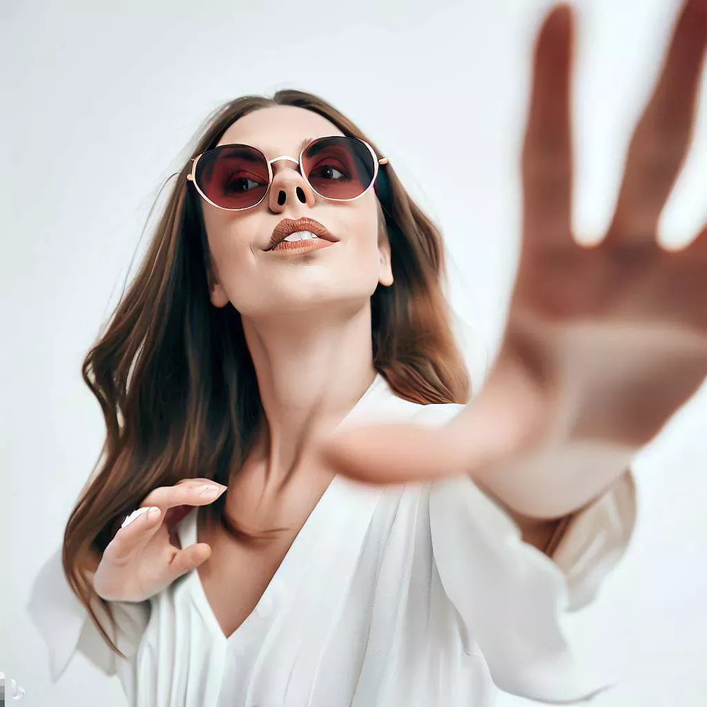 The image is of a young woman wearing white top & heavy dark glasses. The image shows her partially from middle of her dark glasses to upper chest. Take from front of the person, the girl is reaching out her hands in the air, as if searching for something she cant see. Her left hand is completely stretched out and close to the camera lens, while her right hand is still near her right shoulder. She has long dark wavy hair and is looking slightly upwards.